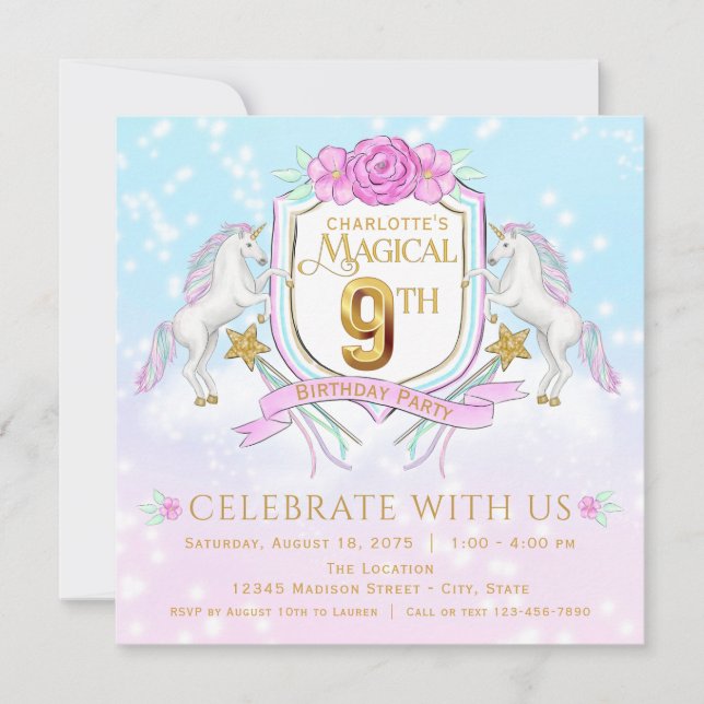 Filles Unicorn 9e anniversaire Invitations (Devant)