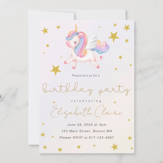 Filles Unicorn Invitation Anniversaire (Devant)