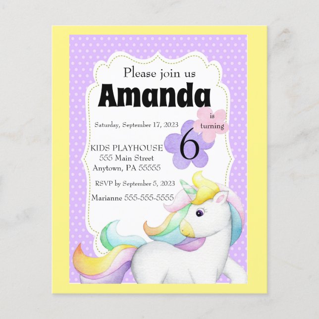 Filles Unicorn Invitation Anniversaire (Devant)