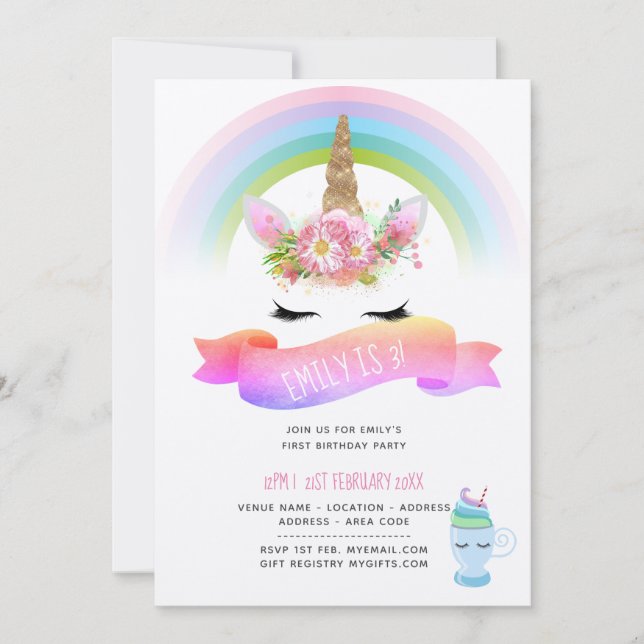 Filles Unicorn Invitations d'anniversaire - Rose v (Devant)