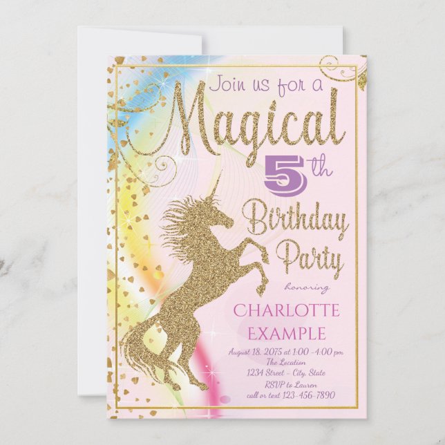 Filles Unicorn Invitations de fête d'anniversaire (Devant)