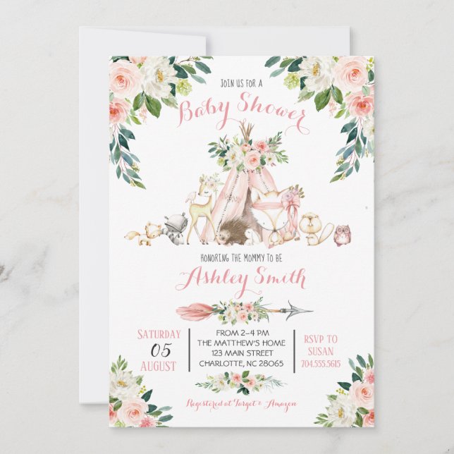 Filles Woodland Baby Shower Invitations (Devant)