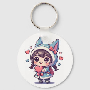 Fillette Chibi Mignonne avec Porte-Clés en Forme d