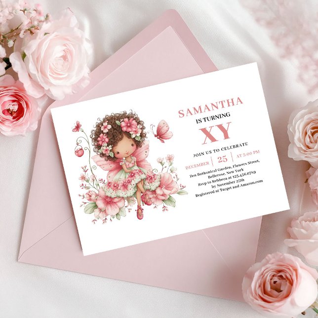 Fillette fée mignonne Invitation Fleurs roses pour (Cute Fairy Girl 2nd Birthday Blush Flowers Invitation)