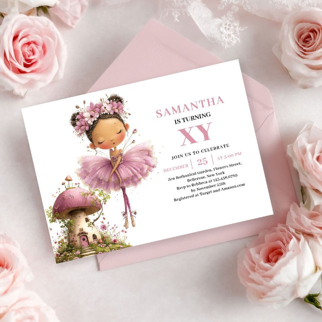 Fillette fée mignonne Invitation florale au teint  (Cute Fairy Girl 5th Birthday Blush Floral invitation)
