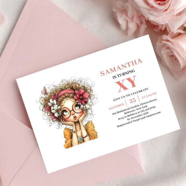 Fillette féerique angélique Invitation rose pour 8 (Angelic Fairy Girl 8th Birthday Blush Pink invitation)