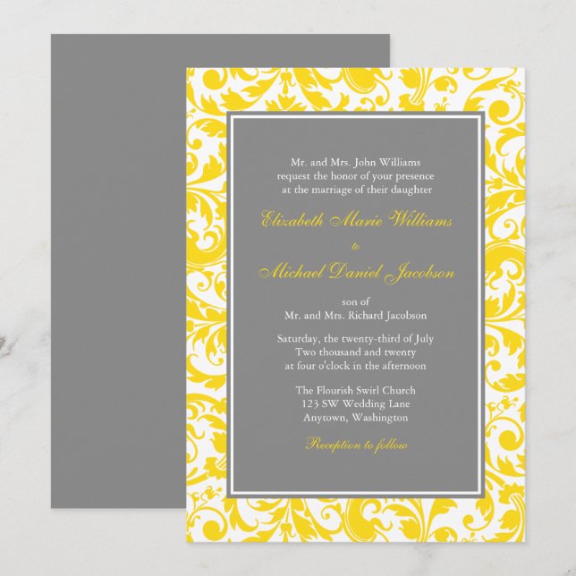 Fils de Damas Jaune et Gris Invitations de mariage (Devant / Derrière)