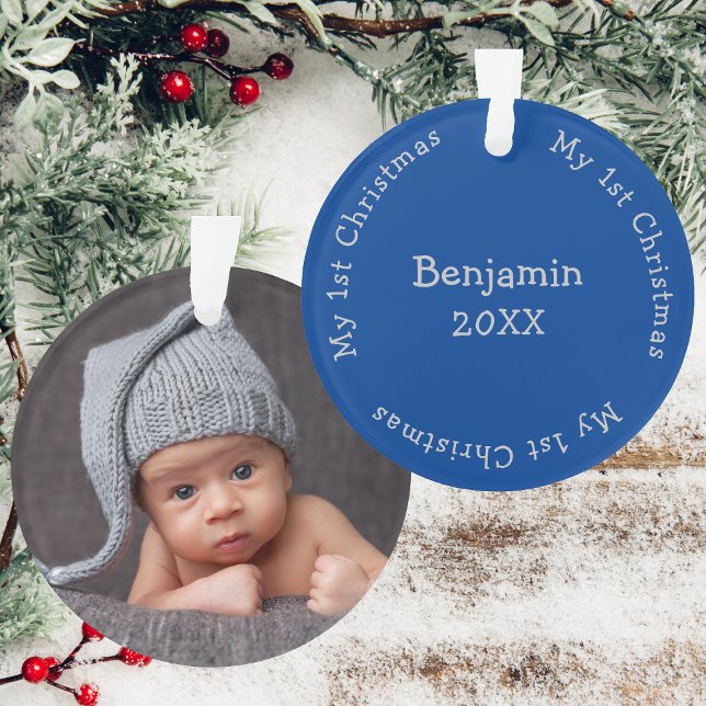 Fils First Christmas Photo Blue Et Silver Name (Bacl And Front)