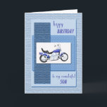 Fils, une carte d'anniversaire avec moto<br><div class="desc">Un moto bleu sur un arrière - plan bleu abstrait. Le front dit "Joyeux anniversaire à mon merveilleux fils". Une grande carte pour un fils passionné de vélo.
Une carte d'anniversaire pour un fils.</div>