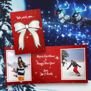 Fin D'année Trois Volets Carte photo double pliage de Noël rouge scintillan