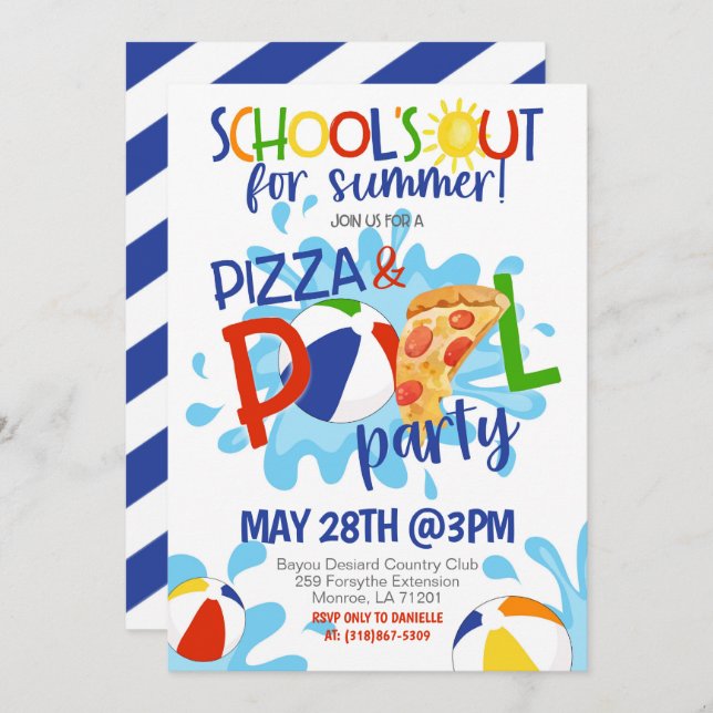 Fin de l'école Pizza & Pool Party Invitation (Devant / Derrière)
