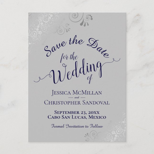 Fines dentelles argentées sur faire-part de mariag (Devant)