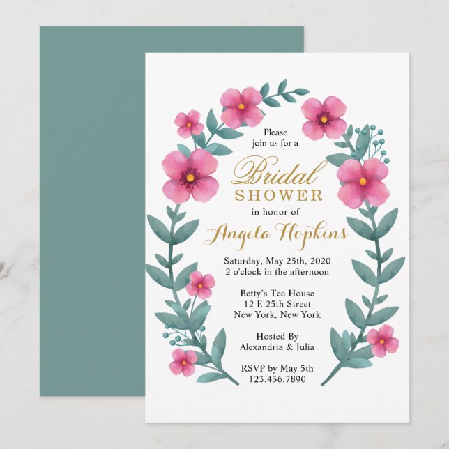 Fink Floral Wreath Invitation de douche nuptiale (Devant / Derrière)