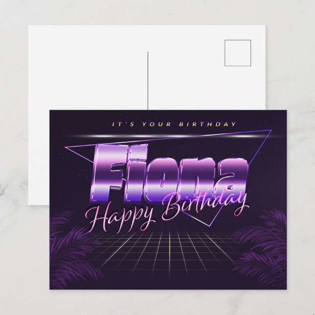 Fiona prénom carte postale violette anniversaire (Devant / Derrière)