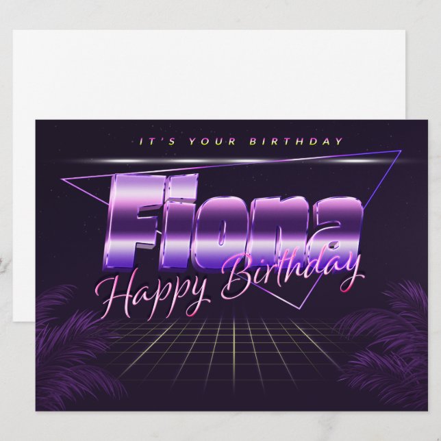 Fiona prénom carte rétro lilas anniversaire (Devant / Derrière)