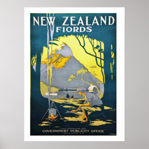 Fiords néo-zélandais, affiche de voyage vintage