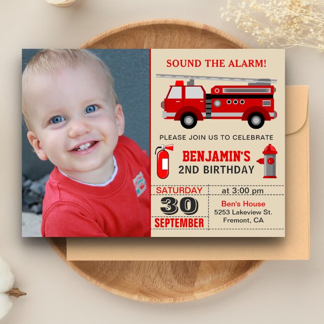 Fire Truck Kids Photo Anniversaire Fête Invitation (Créateur téléchargé)