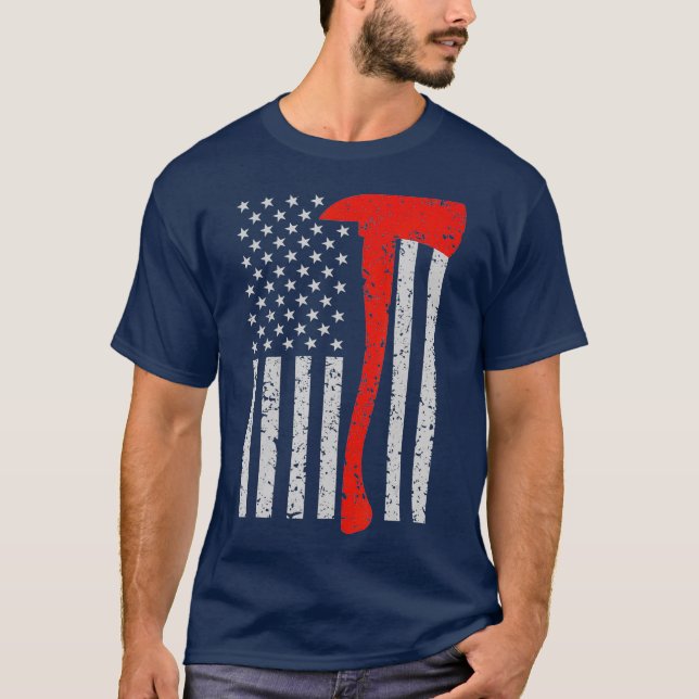 Firefighter American Flag Axe T-shirt Thin Red (Devant)