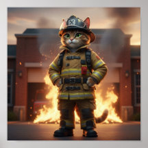 Firefighter Cat Poster – 3D Hero Cat Wall Art