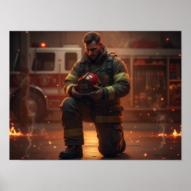Firefighter Kneeling Tribute Poster (Devant)