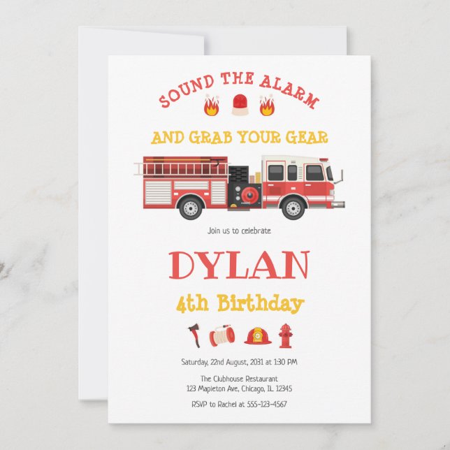 Firetruck Firefighter Kids Birthday Invitation (Devant)