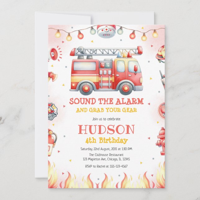 Firetruck Firefighter Kids Birthday Invitation (Devant)