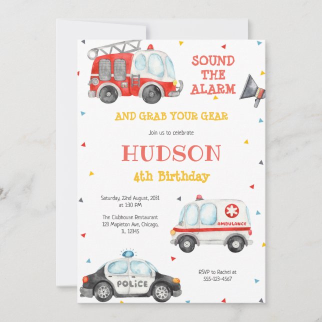 Firetruck Firefighter Kids Birthday Invitation (Devant)