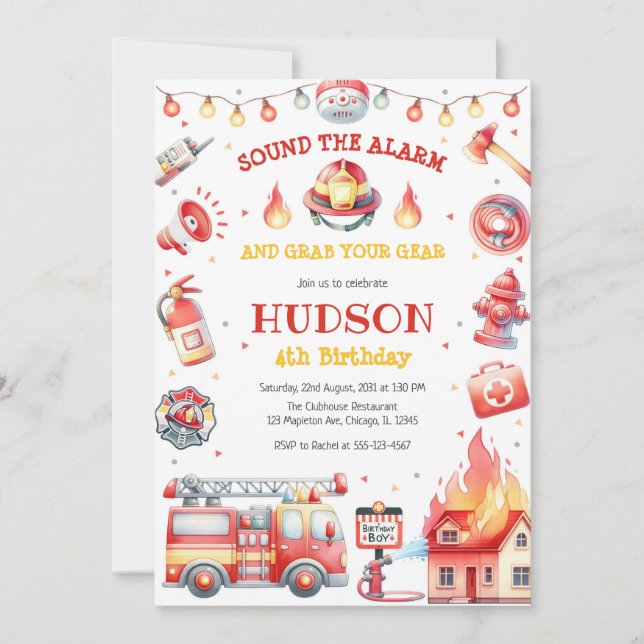 Firetruck Firefighter Kids Birthday Invitation (Devant)