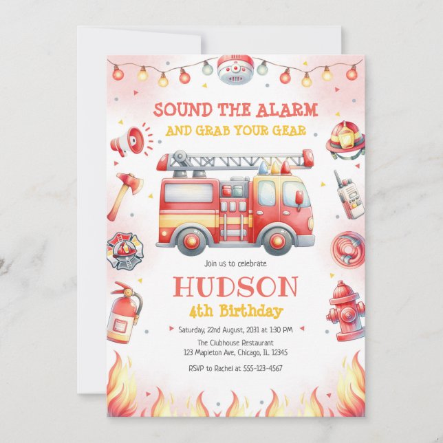 Firetruck Firefighter Kids Birthday Invitation (Devant)