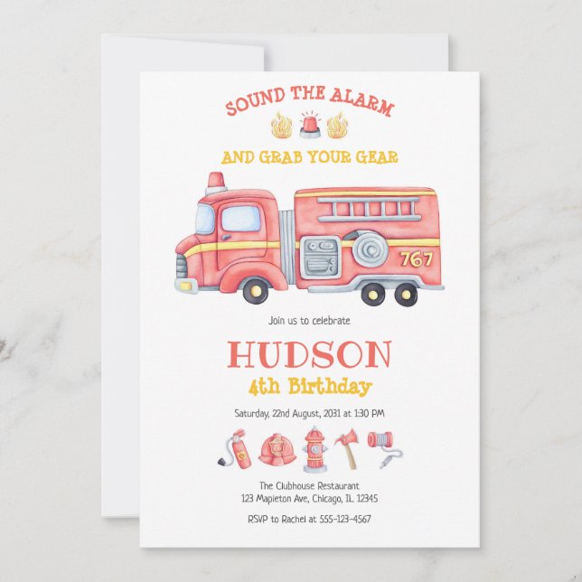 Firetruck Firefighter Kids Birthday Invitation (Devant)