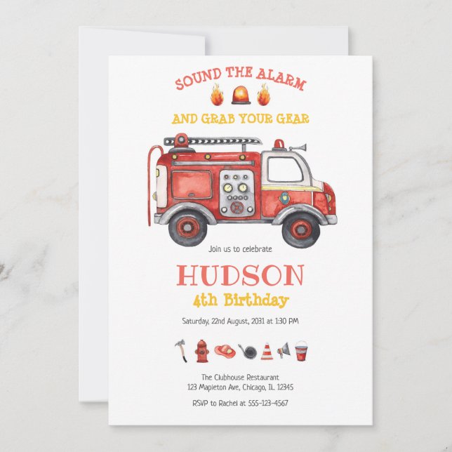 Firetruck Firefighter Kids Birthday Invitation (Devant)