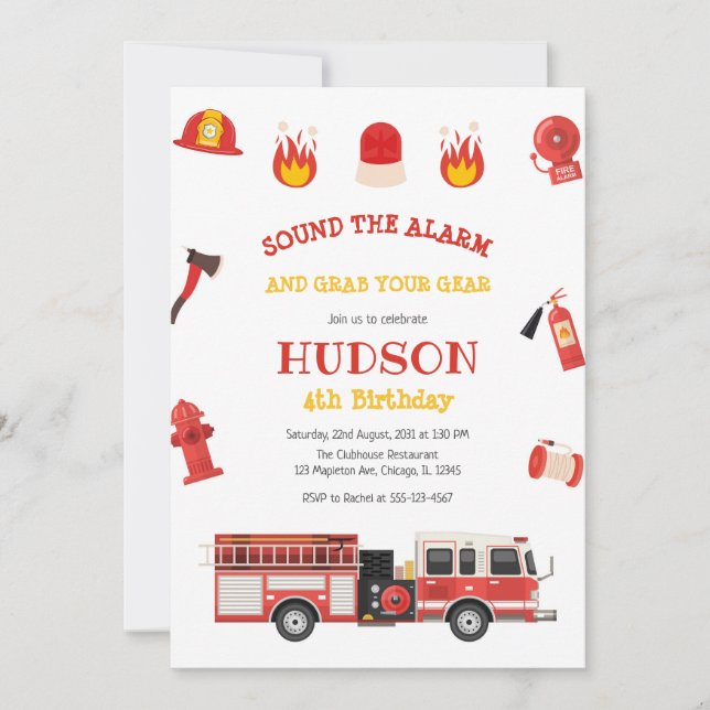 Firetruck Firefighter Kids Birthday Invitation (Devant)