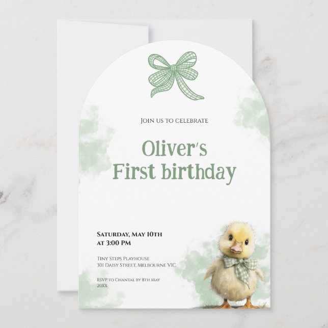 First Birthday Invitation Duck Bow Baby Birthday (Devant)