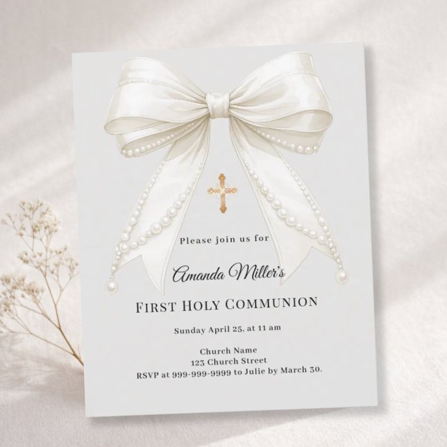 First Communion bow ivory pearls gray invitation (Créateur téléchargé)