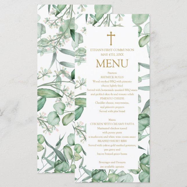First Communion Eucalyptus leaves Menu  (Devant / Derrière)