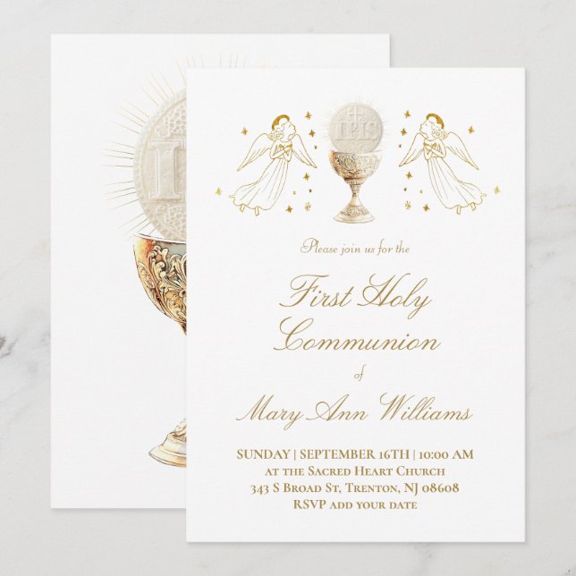 First Communion Eucharist golden angels Invitation (Devant / Derrière)