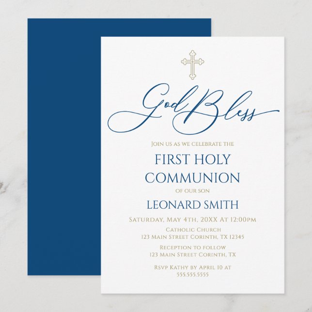 First Communion God Bless Blue Invitation (Devant / Derrière)