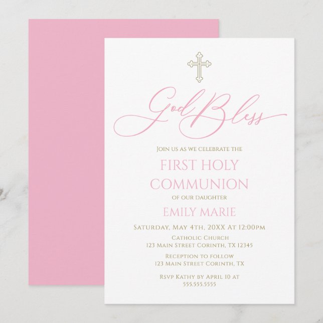 First Communion God Bless pink Invitation (Devant / Derrière)