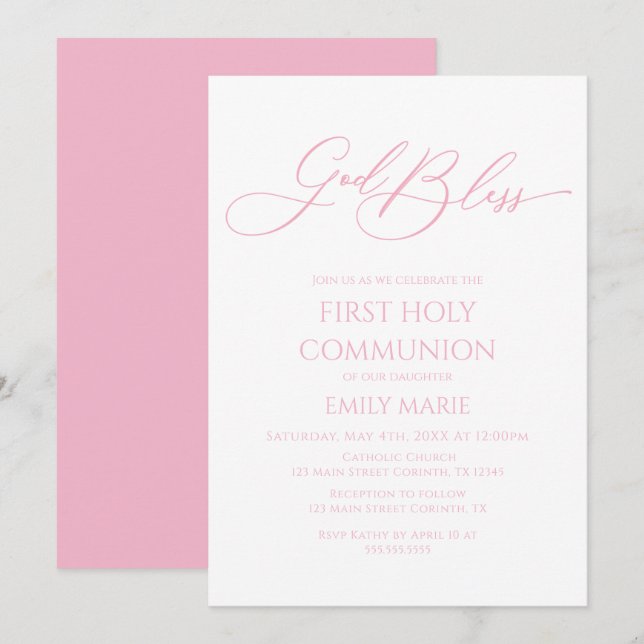 First Communion God Bless pink Invitation (Devant / Derrière)