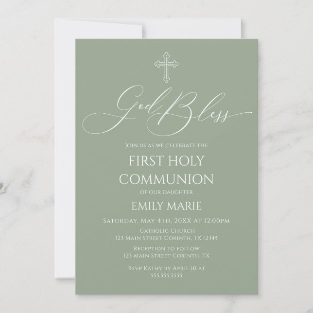 First Communion God Bless Sage Invitation (Devant)