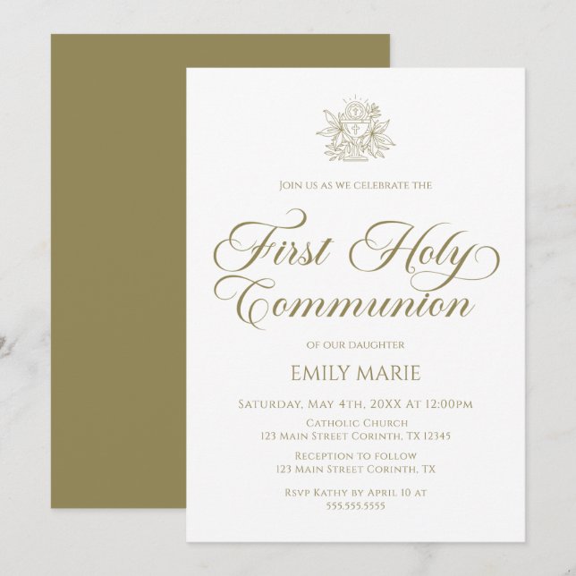 First Communion white and gold Invitation (Devant / Derrière)