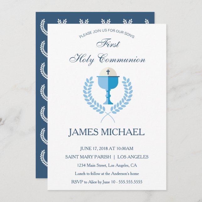 First Holy Communion Boys Blue Invitation (Devant / Derrière)