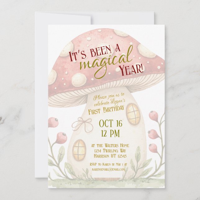First Magical Mushroom Birthday Invitation (Devant)