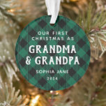 First Time Grandparents Christmas Rustic New Baby<br><div class="desc">This rustic ornament is the perfect keepsake for first-time grandparents. The front of the ornament features a white typography design that reads "Our first Christmas as Grandma & Grandpa" in rustic lettering against a green and black plaid background. Customize the text with the nicknames for your family's grandparents, and add...</div>
