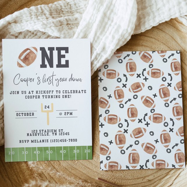 First Year Down First Birthday Invitation Football (Créateur téléchargé)