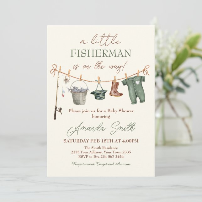 Fishing Reel Excited Boy Baby Shower Invitation (Debout devant)
