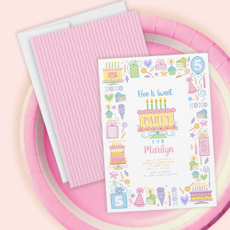 Five Is Sweet Pink 5th Birthday Invitation