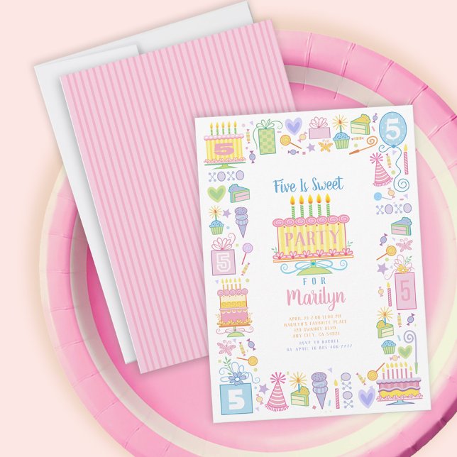 Five Is Sweet Pink 5th Birthday Invitation (Créateur téléchargé)