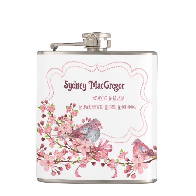 Flacon blanc avec des oiseaux et des fleurs de pom (Devant)
