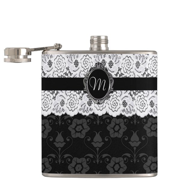 Flacon Chic Monogramme en Dentelle Noir et Blanc (Ouvert)